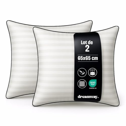 DREAMWAY Oreiller 65x65 cm Lot de 2 Oreillers Confort Moelleux, Qualité Hôtelière, Respirant et Hypoallergénique, Idéal pour Dormeurs sur Le Côté, Le...