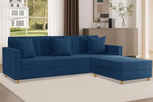 Image of Rosebell 3 + 1 Four Seater - Wooden L Shape Convertible Sofa Set for Living Room Furniture Set Upholstery-Velvet Fabric, Modular Sectional Couch for Home & Office - Blue