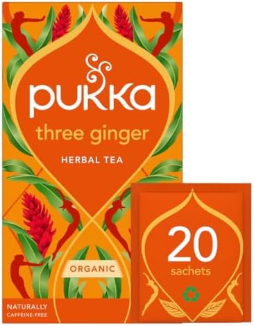 Pukka Three Ginger Organic Herbal Tea, Digestion-Aiding Infusion With Ginger, Turmeric, and Galangal, Tea Gift Set Ideal After Meals, Caffeine Free, 20 Total Bags