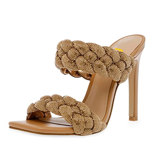 FSJ Women Sexy Two Strappy Weave Square Open Toe Stiletto High Heel Mules Slip On Summer Party Dress Slide Sandal Shoes Size 4-15 US