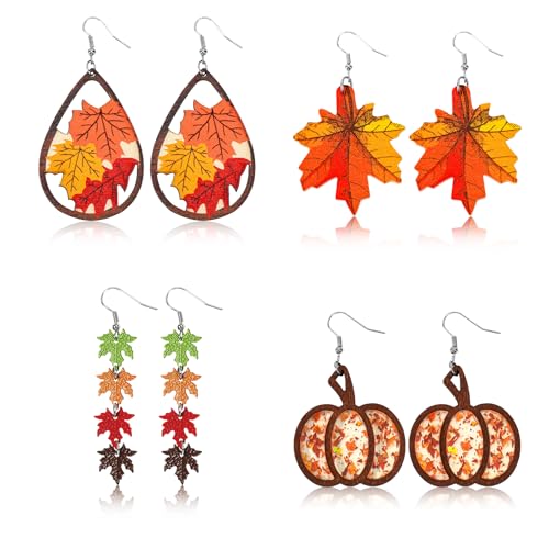 4 Pairs Fall Autumn Thanksgiving Earrings, Metal Red Maple Leaf Earrings Jewelry Accessories Leather Pumpkin Maple Leaf Shape Thanksgiving Celebration Party Fashion Autumn Pendant Fun Hook Earrings