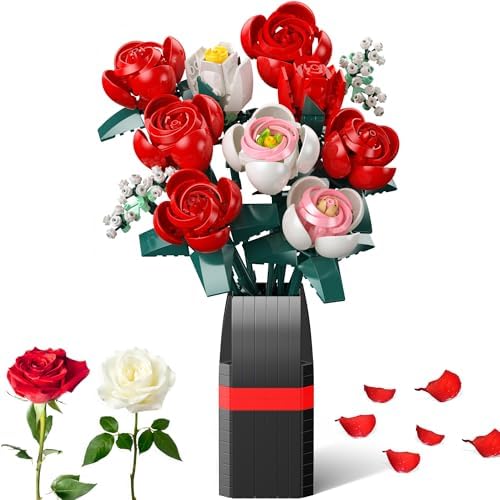 Flowers Bouquet Building Set, Roses Building Set with Vase, Home Office Creative Decoration, Valentine Day, Birthday, Christmas Ideal Gift for Kids, Adults - 841Pcs