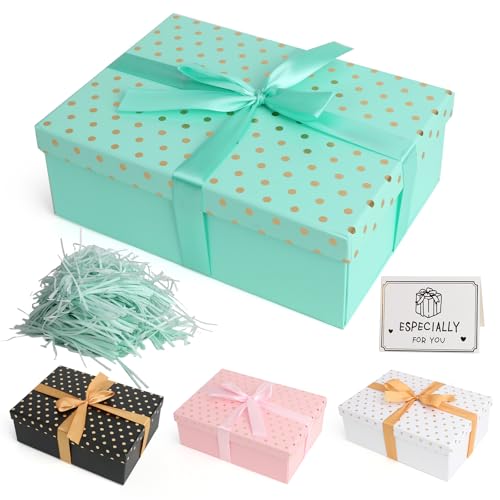 Geschenkbox mit Deckel, Premium Geschenkbox mit Schleifen Raffia Grußkarten, 25x18x8.5cm Faltbare Geschenk Box für Valentinstag Geburtstag Weihnachten Hochzeit(Grün)