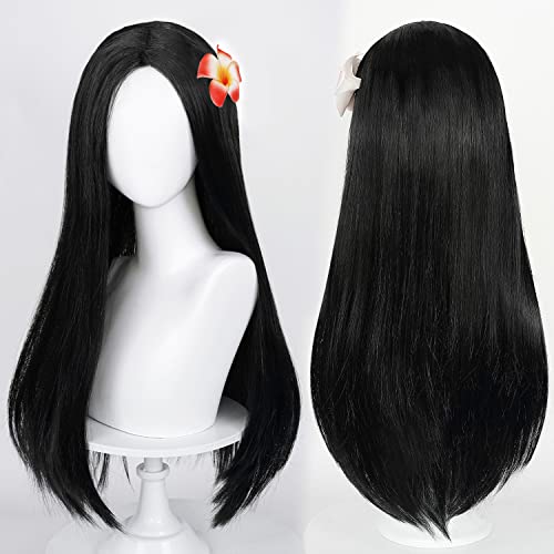 Long Straight Black Kids Wig With Flower Hair Clip, Wigs For Girls Kids Toddler Cosplay With Wig Cap For Halloween Party Daily #TOP1