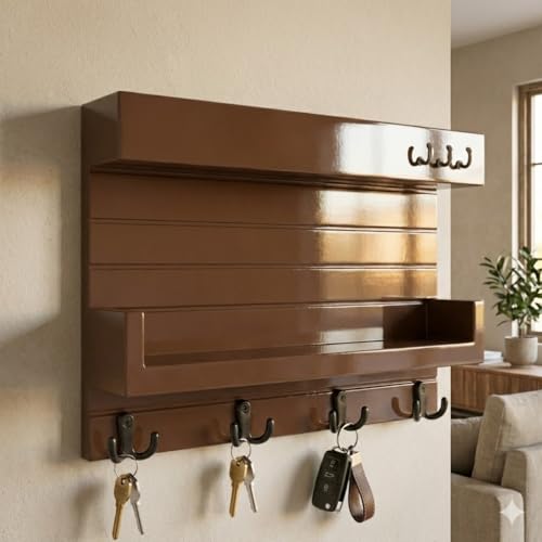 Image of Key Holder for Wall with Mail Shelf & 4 Hooks | Engineered Wood (Brown, 36D x 23W x 10H Centimeters)