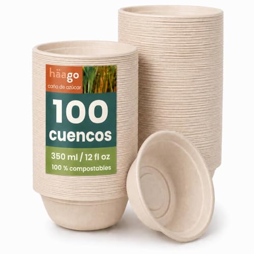HAAGO - 100 Cuencos Desechables de Caña de Azúcar para Aperitivos Ecológicos, Vajilla Biodegradable Perfectos para Reuniones, Celebraciones,Eventos de Grupo y Fiestas - Cuencos Desechables - 350ml