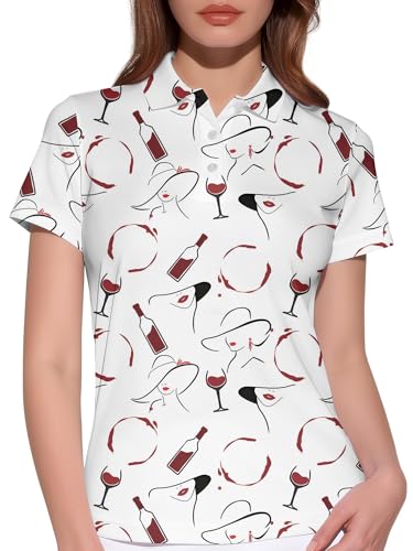 HIVICHI Funny Wine Golf Shirts for Women Print Crazy Pattern Cute Novelty Polo Shirt, Medium, Aop-wpol-66084