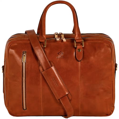 Time Resistance Leather Laptop Briefcase - Full Grain Leather Computer Bag for Men and Women (Cognac Brown)