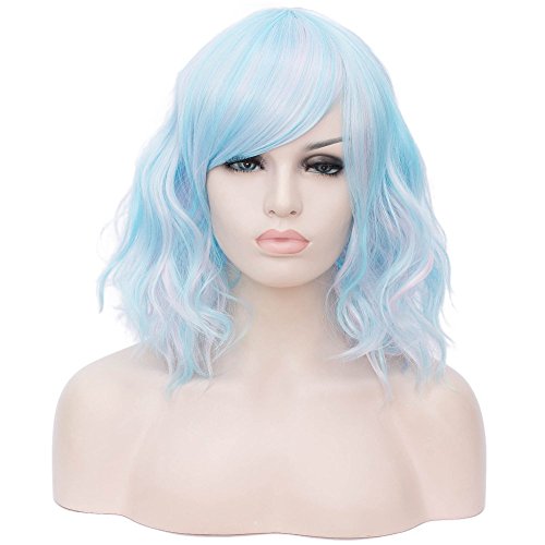 BERON 14’’ Women’s Bob Curly Blue Wig with Bangs for Women Halloween Cosplay Wig for Daily Use Synthetic Wigs (Blue Mixed Pink)
