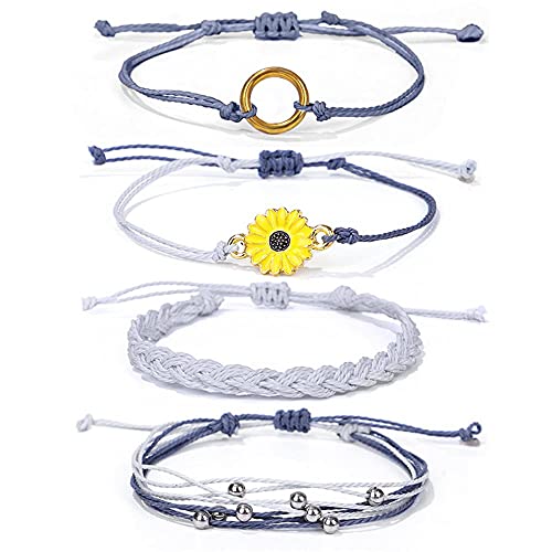Image of Caiyao 4 Pcs Summer Surfer Wave Anklet Bracelets Adjustable Strand Braided String Rope Bracelets Waterproof Handmade Sunflower Bracelets Anklets Jewelry for Women