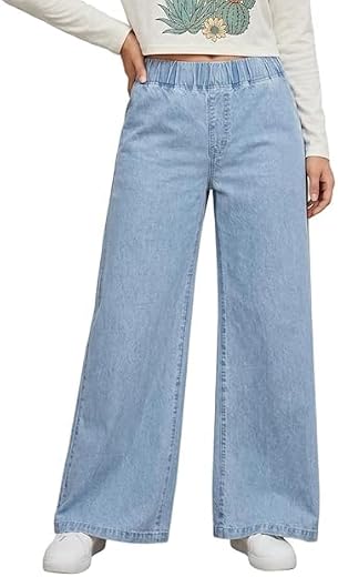 Girls High Waist Wide Leg Jeans Cotton Fabric Baggy Fit Full Length Denim Pants