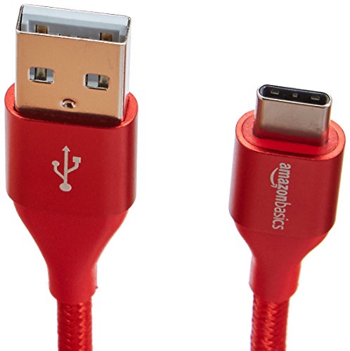 Image of amazon basics Double Braided Nylon USB Type-C to Type-A 2.0 Male Cable for Laptop (Red, 10 Feet /3 Me