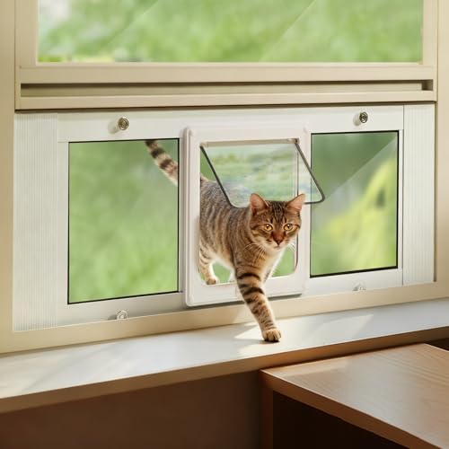 LIBBEPET Cat Door for Window Aluminum Window Cat Door Insert Fit Windows Width 27-32 Cat Flap for Window with Magnetic Flap Opening 7.8 x 8.3 in Tool-Free Install Safety & Weatherproof Medium