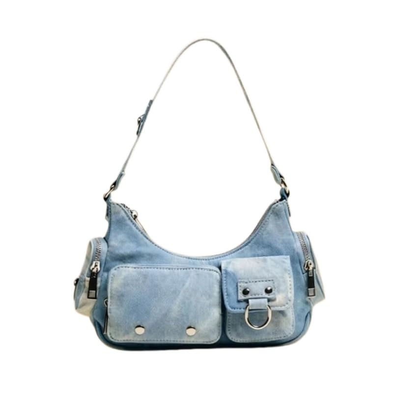 Sac à aisselles dumpling en denim lavé vintage avec poches multiples