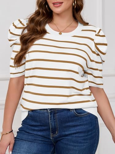 Image of Beautife Womens Plus Size Short Puff Sleeve Sweater Tops Lightweight Striped T Shirts Summer Casual Crew Neck Knit Pullover Brown