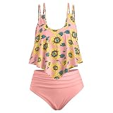 YKTWOBO Tankini Damen Bauchweg Push Up Große Größen Rüschen Floral High Waist Zweiteilige Tankini Set Swimsuit Blumenmuster Strandmode Rosa M