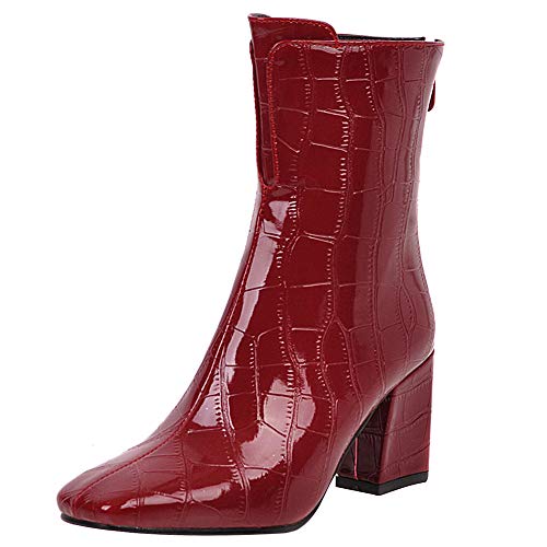 Joliss Botines Mujer Con Cremallera Trasera, Punta Cuadrada, Tacón Ancho Para Fiesta y Noche, Vestido, Rojo, Talla 38 EU/39CN