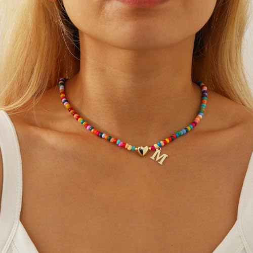 Initial Necklaces for Girls Teen Women Colorful Beaded Charm Letter Alphabet Choker Bohemian Gold/Sliver Plated Pendant with Heart-shaped Metal Y2K Boho Necklace Summer Gifts Girlfriend Wife3