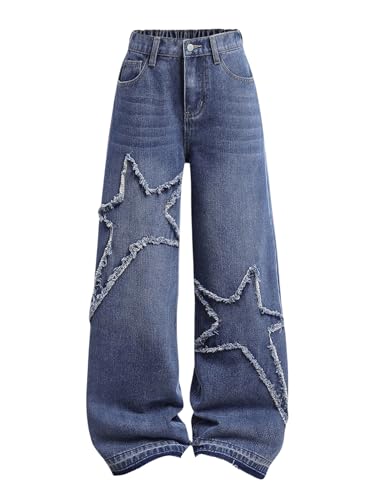 SweatyRocks Girl's Y2K Baggy Jeans Elastic Waist Star Graphic Wide Leg Denim Pants