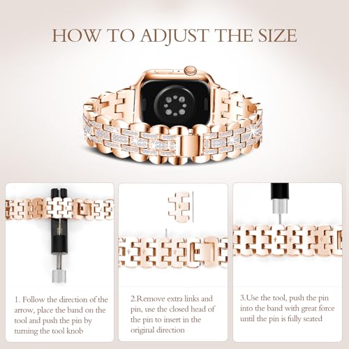 Ruibopad Bracelet compatible avec Apple Watch 38 mm, 40 mm, 41 mm, 44 mm, 45 mm, 49 mm, 42 mm, bracelet en métal scintillant pour iWatch séries 9, 8, 7, 6, SE, 5, 4, 3, 2, 1, Or rose, 49/46/45/44/42mm – vue 6