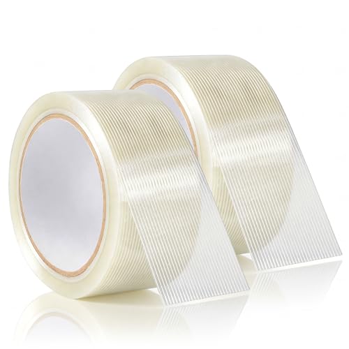 BEVTEE 2 Roll Filament Strapping Tape, 5.9 mil x 2 in x 22 yds Reinforced Packing Tape, Heavy Duty Packaging Fiberglass Shipping Tape for Moving Boxes, Waterproof, Transparent