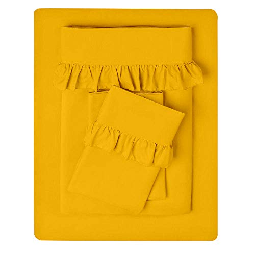 Cotton Magneto 1000-Thread Count 100% Organic Cotton Super Soft 4-Piece Breathable & Comfy Cotton Solid Hem Ruffle Sheet Set With 18 Inch Deep Pocket (Full,Gold) #TOP1