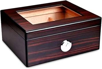 Cigar Humidor,Cigar Case Holds 40-50 Cigars,Modern Glass Top Cedar Humidor Cigar Box with Hygrometer, Humidifier,Handcrafted Cedar Wood Tray and DividerEbony
