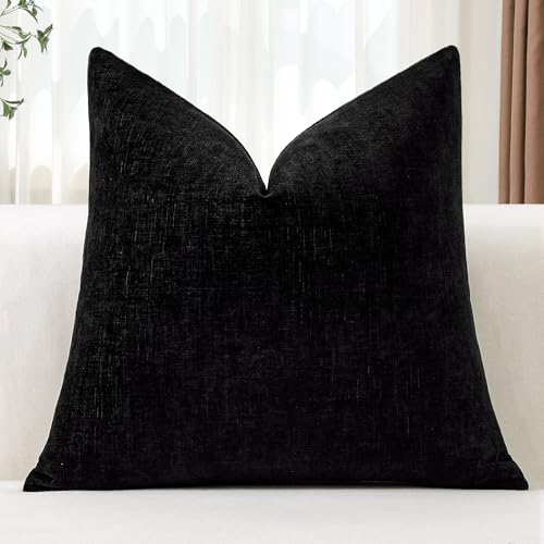 Housse de coussin chenille noire 50x50 anti-plis pour canapé