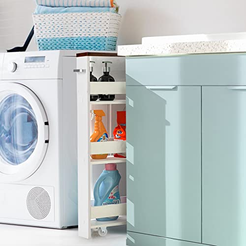 Costway Slim Rolling Storage Cart, 4-Tier Rolling Utility Cart, Wood Kitchen Storage Cart With Handle & Wheels, Narrow Rolling Shelving Unit For Kitchen Bathroom Laundry Small Places #TOP2