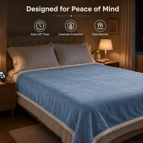 YUSTAL Electric Heated Blanket Full Size 72" x 84", Soft Flannel Heating Blanket for Bed, Sofa, Bedroom, 10 Heat Settings, 1-12H Auto Shut Off, Overheat Protection, Machine Washable, Blue and Grey — view 4