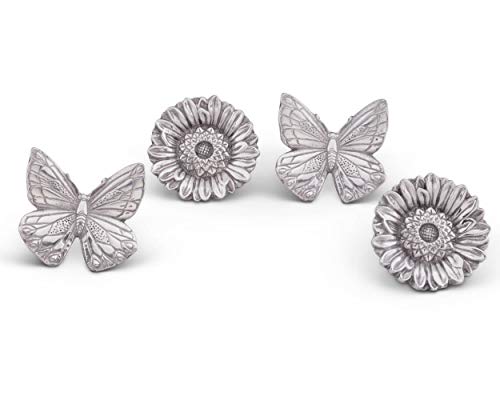 Arthur Court Aluminum Butterflies And Flowers Napkin Ring Set Of 4; Pair Of Butterflies And Pair Of Flowers; Artisan Crafted Designer Rings 3 Inch X 3 Inch #TOP28