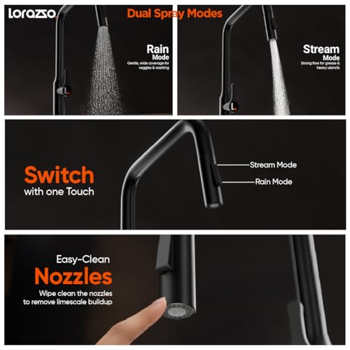 Image of Lorazzo ARCUS Stainless Steel 304 Pull-Down Kitchen Faucet with Hot & Cold Mixer | 360 Swivel Sink Tap | Dual Spray Kitchen Tap | Deck Mounted Kitchen Sink Faucet | 10Y Warranty (Arcus Black)