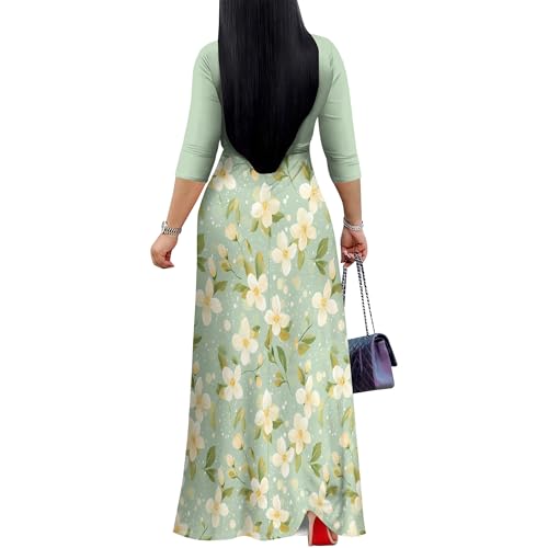 PinkPatty Summer Trendy Dress for Women Casual 3/4 Sleeve V Neck Printing Maxi Dress Elegant Wedding Guest Sundress with Belt3