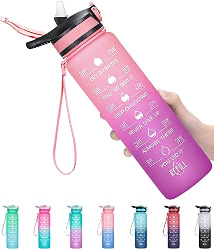MEITAGIE Water Bottles with Straw and Buckle Handle, 1 Litre BPA Free Water Bottle with Time Markings Leak-proof Perfect for Fitness Gym Camping Outdoor Sports