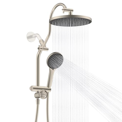 Hibbent cUPC Certified Self-cleaning Shower Head Combo, High Pressure 10'' Rain Showerhead with 3-Spray Handheld, All Metal Arm with Easy Reach 4-way Diverter, 71" Hose & Holder, Brushed Nic