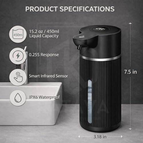 Image of 450ML Automatic Touchless Foam Dispenser, Rechargeable Sensor Foaming Dispenser with Digital Display, 4-Speed Adjustable Foam Control, Electric Auto Dispenser for Bathroom & Kitchen (Black)