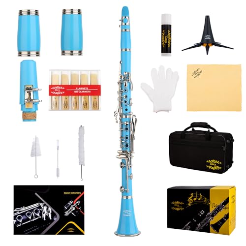 Image of Glory GLY-CLALB Professional Ebonite Bb Clarinet with 10 Reeds, Stand, Hard Case, Cleaning Cloth, Mouthpiece Brush and Pad Brush,Light Blue /Silver