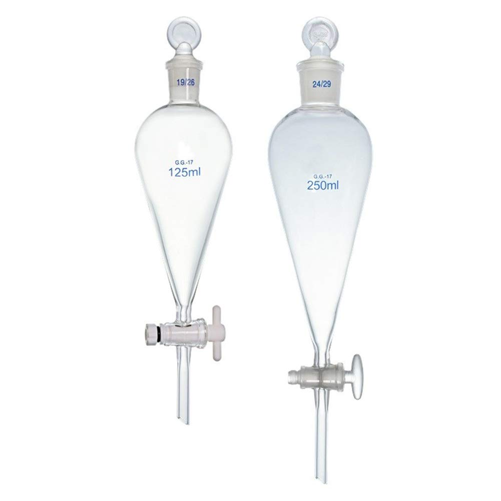 30ml ガラス分離漏斗 梨型 ジョイント付き 19/26 ガラス栓&amp;グラウンドガラスストッパー ストレートドロップチューブ