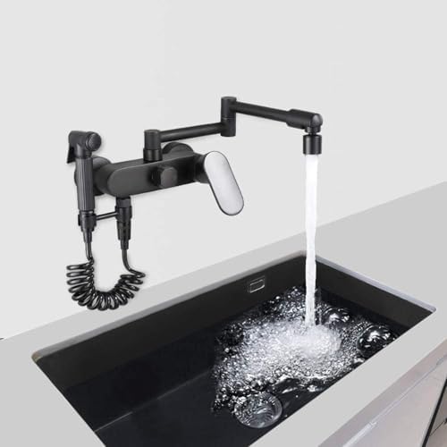 WallMounted Kitchen Faucet with Swivel Spray 2Handle Hot & Cold Water Mixer Black Brass Laundry Sink Tap Dual Function for Kitchen & Laundry Use