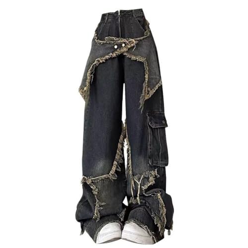 LAFOURAM Petite Jeans for Women 5 FT Short Wide Leg Baggy Goth Star Patchwork Cargo Denim Pants