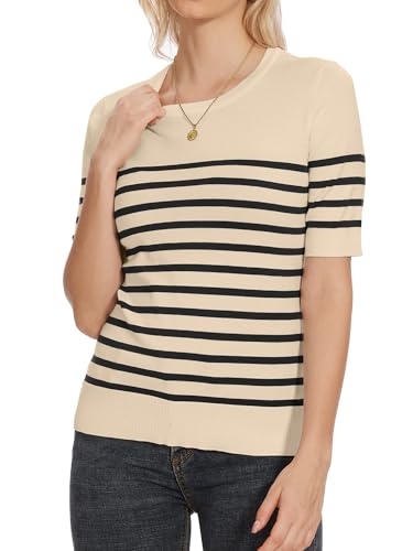 Image of Spicy Sandia Women's Long Sleeve Crewneck Sweaters with Dressy Cuff | Striped or Solid Available, Dressy Casual, Classic, Lightweight, For Office Work, Business Casual Outfits