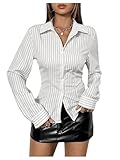 GORGLITTER Women's Striped Button Down Collared Blouses Long Sleeve Slim Fit Casual Shirts Light Grey M