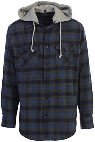 Gioberti Men's Removable Hoodie Plaid Checkered Flannel Shirt, Charcoal/Navy/Royal Blue, Large