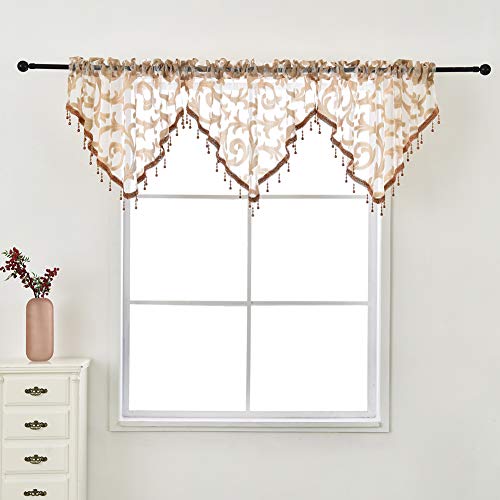 NAPEARL Kitchen Window Valance with Crystal Beads, Elegant Jacquard Swags for Decorating, Waterfall Valance for Small Window, Bathroom, 1 Sheer Valance ( 50 x 24 Inch, Beige )