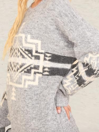 Image of Womens Loose Fit Argyle Graphic Aztec Western Sweater Long Sleeve Crewneck Pullover Tops