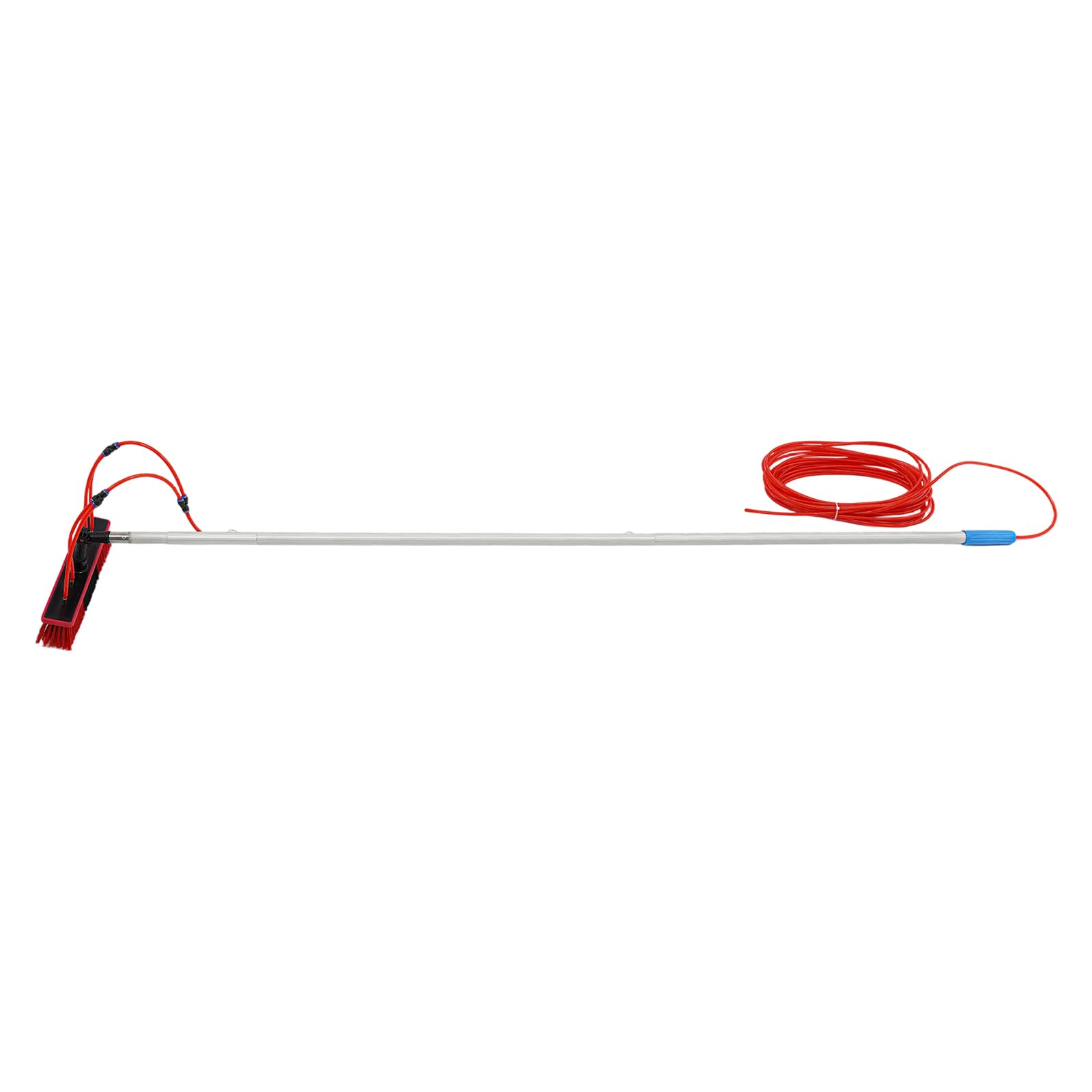 Cepillo de lavado telescópico con cabezal de cepillo giratorio 180°, 4 salidas de agua y manguera de agua de 20 m, cepillo de limpieza de aluminio de 35 cm, barra telescópica de limpieza para paneles