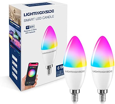 E12 Smart Bulbs, 60 Watt Equivalent, 6W 500lm, E12 Candelabra LED Bulbs Work with Alexa and Google Assistant, 2700-6500K+RGB, APP Control, No Hub Required, 2.4GHz WiFi Only, Timer, Group Control, 2PCS