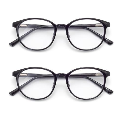 FoxMook 2-Pack Blue Light Blocking Glasses Round Women Men Computer Glasses Anti Eye Strain/UV/Glare Gaming Glasses Black Black