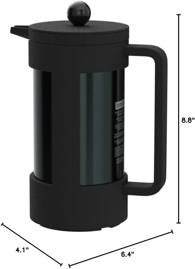 Dimensions of the Bodum Bean French Press Coffee Maker: 6.4 inches deep, 4.1 inches wide, 8.8 inches high.