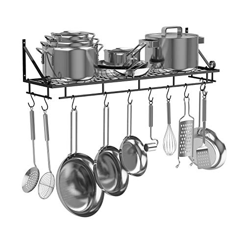 AcornFort® K-1125 Metal negro 90 CM Soporte para ollas de cocina Soporte para ollas para ollas montado en la pared Estantes para cacerolas Utensilios Estante colgante con 10 ganchos